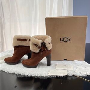 UGG Brown Heeled Boots with Shearling Cuff
